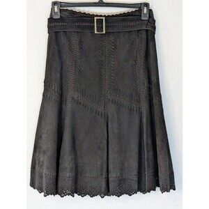 Peter Nygard Black Suede Leather Skirt Size 6 Boho Western Scalloped Hem